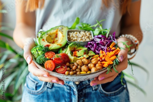 A woman holding a bowl of food. Perfect for food blogs or recipes