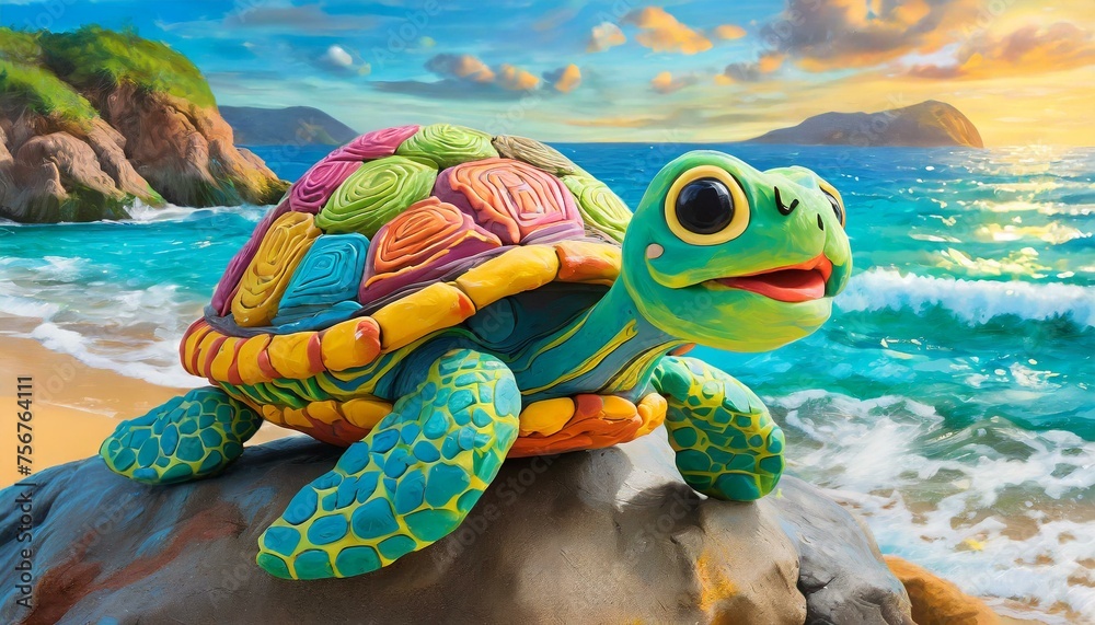 Una simpática y alegre tortuga hecha de plastilina colorida con tema infantil - obrazy, fototapety, plakaty 