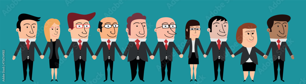Team of smiling cartoon characters businessmen and businesswomen hand in hand vector isolated
