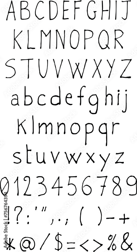 alphabet letters font set handwritten style, regular uppercase, lowercase and numbers. vector illustration alphabet letters font set handwritten style, regular uppercase, lowercase and numbers. vector illustration
