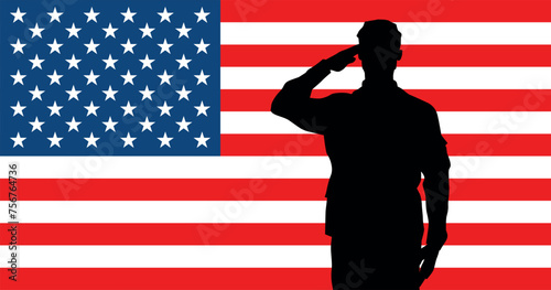 Soldiers silhouette saluting the USA flag for memorial day or veterans day vector