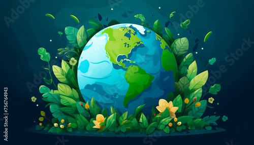 Earth globe illustration on with plants copy space banner ecological earth day hour safe butterfly flowers environmental problems on blue background