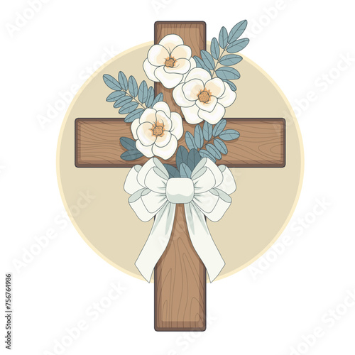 A beautiful wooden cross is decorated with flowers and a bow.  Vector illustration.