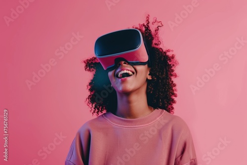 Portrait of woman using VR glasses looking ahead of metaverse virtual reality. relaxing and playing VR goggles and using futuristic tablet.