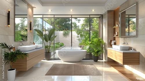 a bath room with a bath tub a sink and a potted plant on the side of the bathtub.