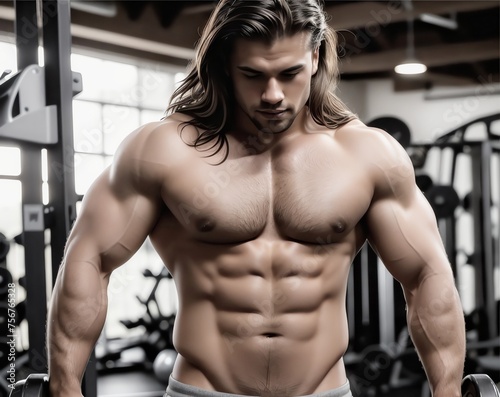 Bodybuilder Fitness Body Muscle Fit adult. A confident bodybuilder in gym. Well-defined physique, beard, sports outfit, and direct gaze. Gym equipped with various exercise machines