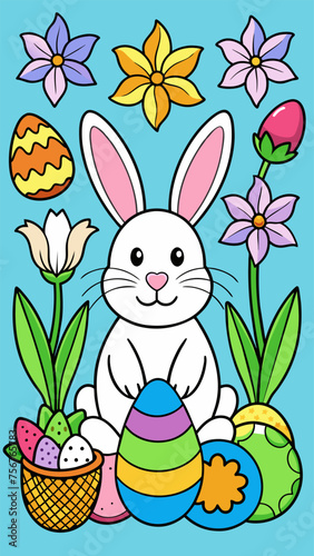 Spring illustration: Easter bunny and colored eggs
