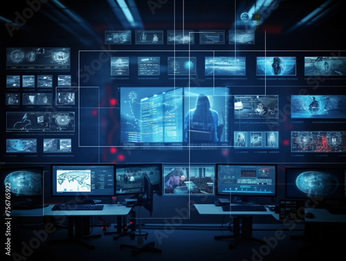 wide banner of security CCTV cameras and guard monitoring screen hud UI for advanced surveillance secure protection system and recording tape archive with online network IP connection 
