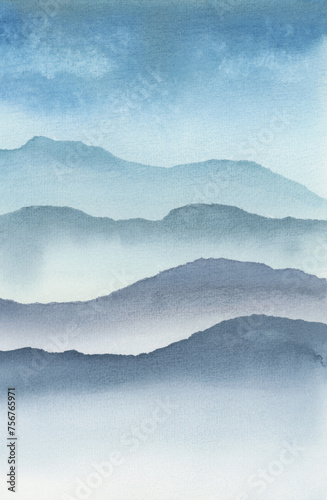 Ink watercolor hand drawn smoke flow stain blot wave landscape on wet paper texture background. Blue color.