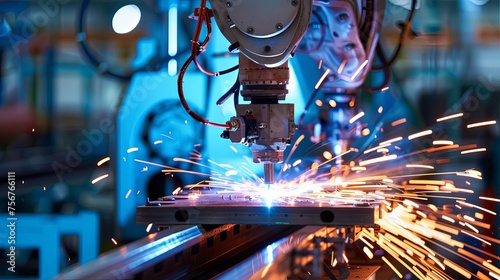 Closeup of automated robot arm in manufacturing factory warehouse laser cutting © Barosanu