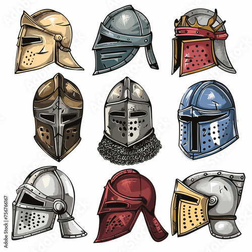 Medieval knight helmets. Design set. Hand drawn style, vector graphic, white background