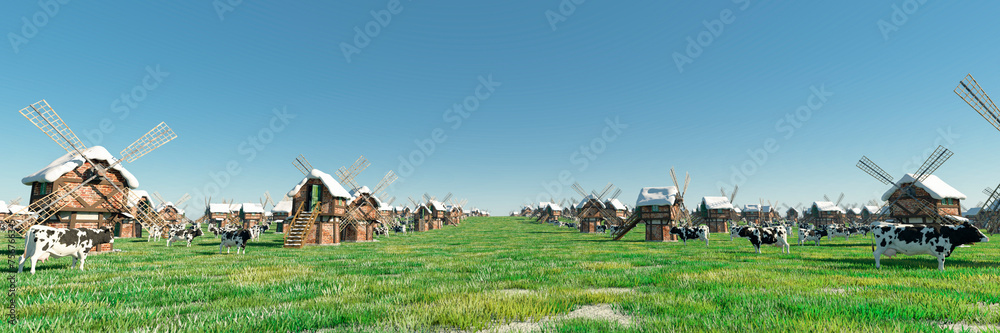 Idyllic Pastoral Scene with Numerous Windmills and Grazing Cows in Green Fields