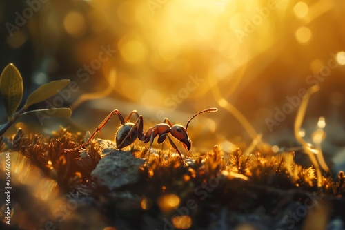 macro of a lone warrior ant on the forest floor © StockUp