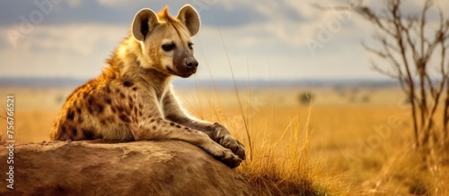 a view hyena rest in savanna background © kucret