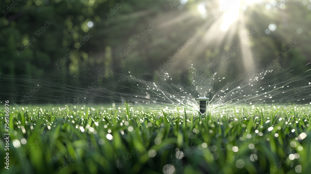 Automatic lawn sprinkler watering green grass. Sprinkler with automatic system. Garden irrigation system watering lawn. Water saving or water conservation from sprinkler system. Generative AI. - obrazy, fototapety, plakaty 
