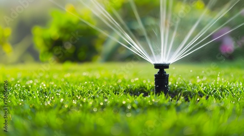 Automatic lawn sprinkler watering green grass. Sprinkler with automatic system. Garden irrigation system watering lawn. Water saving or water conservation from sprinkler system. Generative AI.