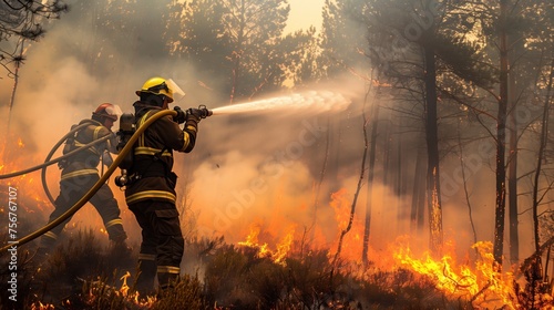 Two Firefighters holding a hose to extinguish a Forest Fire photo