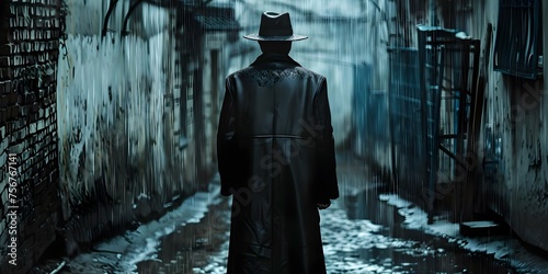 The Lone Figure in a Long Coat and Hat Braving the Rainy Alley. Concept Alone in the Alley, Rainy Day, Long Coat, Hat, Mysterious Figure