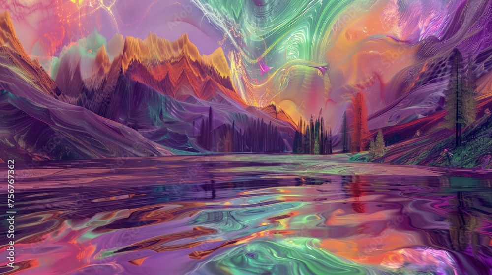 Krajobraz jeziora z górami w tle jako kolorowy marmur - obrazy, fototapety, plakaty 
