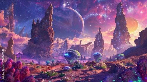 Futurystyczny krajobraz obcej planety z planetami i gwiazdami na niebie © Artur