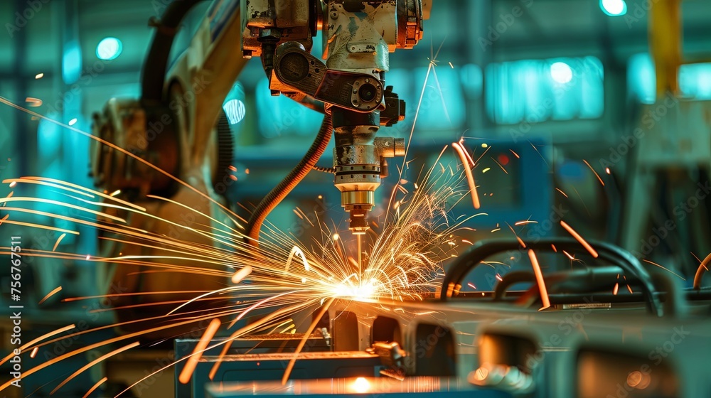 Closeup of robot arm automated production line in factory warehouse welding and cutting Closeup of robot arm automated production line in factory warehouse welding and cutting