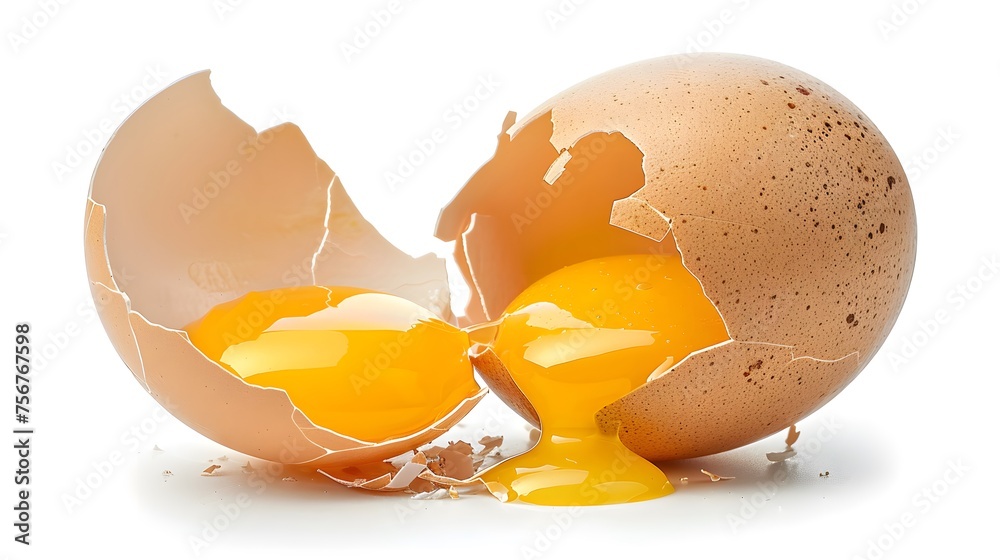 Cracked egg, eggshell with yolk isolated on white background Cracked egg, eggshell with yolk isolated on white background