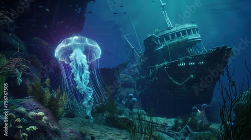 Podwodny krajobraz z zatopionym statkiem i meduzami