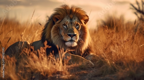 lion standing to hunting in savanna background