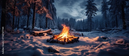 A campfire in the snowy forest illuminates the night sky, creating a contrast between the flames heat and the cold landscape