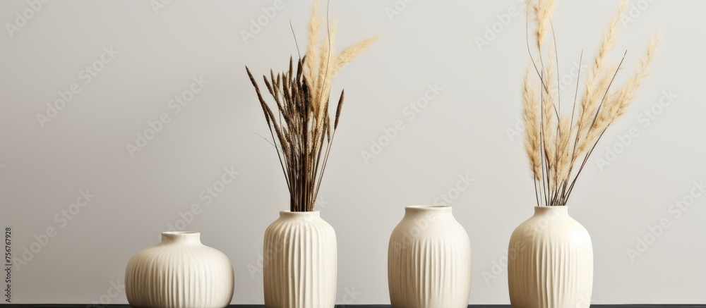 Three white flowerpots filled with dried flowers are placed on a wooden table, adding a touch of art and personal care to the room