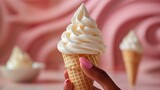 a woman's hand holding an ice cream cone with white icing on a pink wallpapered background.