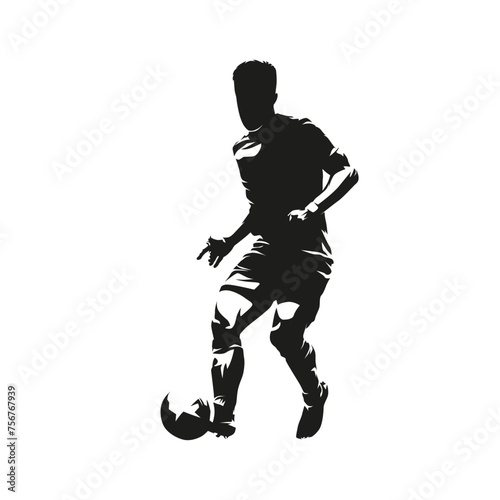 Soccer player kicking ball, football, isolated vector silhouette