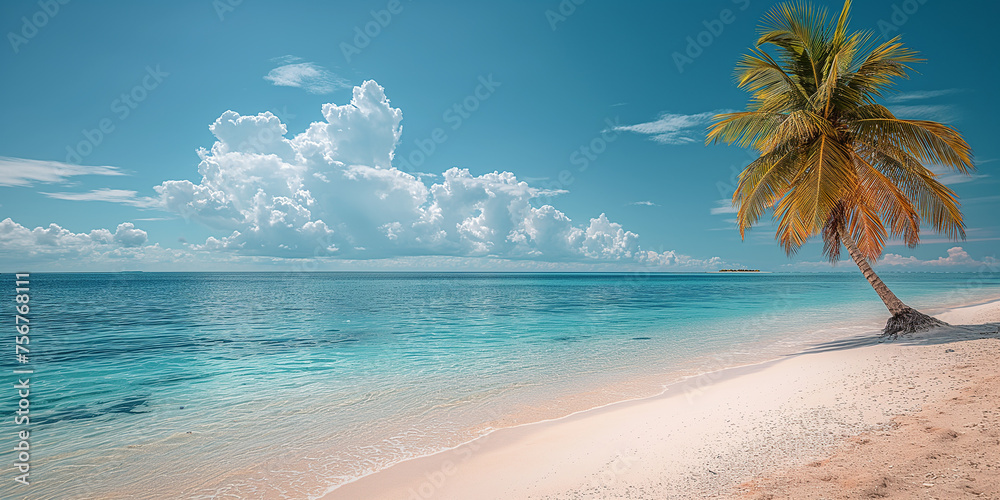 A palm tree on the beach of an Selingan island near Kalimantan, with clear blue water and white sand under a cloudy sky.