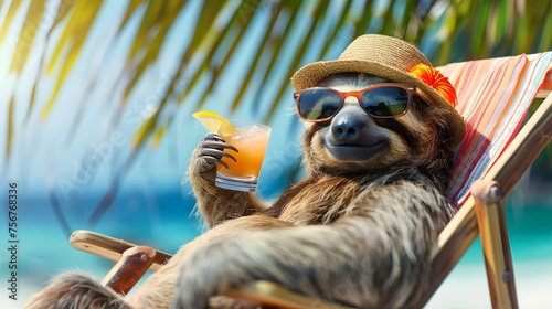 Happy and smiling sloth wearing summer hat and stylish sunglasses, holding cocktail glass, sits on beach chair under the palms. Summer holiday and vacation concept. 