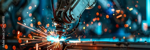 Panoramic banner closeup of automated robot arm welding and cutting with laser sparks in factory warehouse production