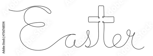 Easter one continuous line lettering with Christian cross instead letter t. Faith, religion concept. Hand drawn vector illustration with editable stroke isolated on transparent background