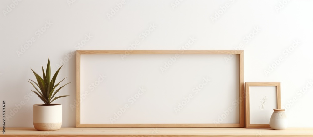 A brown rectangular picture frame is placed on a wooden shelf next to a potted houseplant. The frame complements the wood shelf, and a peach flowerpot adds a pop of color A brown rectangular picture frame is placed on a wooden shelf next to a potted houseplant. The frame complements the wood shelf, and a peach flowerpot adds a pop of color
