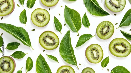 Sliced kiwi fruit and green leaves flat lay. Kiwi cross-sections with vibrant leaves on white. Healthy kiwi slices and foliage pattern top view.