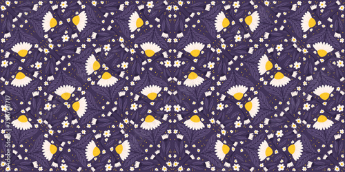 Continuous pattern with midnight violet daisy elements. Chamomile repeats on a purple surface