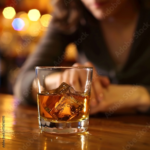a young woman in a blurred shot drinks whiskey alone in a bar,