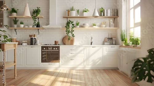 Home mock up, cozy modern kitchen interior background, 3d render © Ziyan