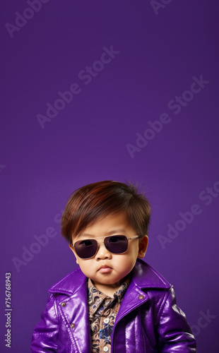Stylish cool small Japanese boy wearing fashionable jacket and sunglasses, fashion supermodel kid. Vertical banner copy space above. Generative AI