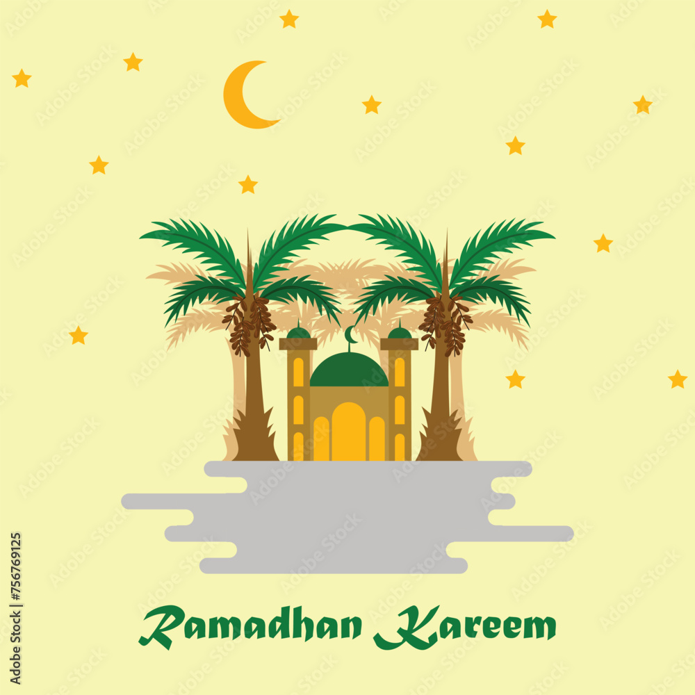 Ramadan kareem greeting. Card design with mosque moon and lanterns. illustration vector ramadan kareem.
