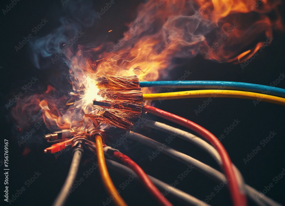 Burning electrical wires are a danger to life. Accident and fire ...