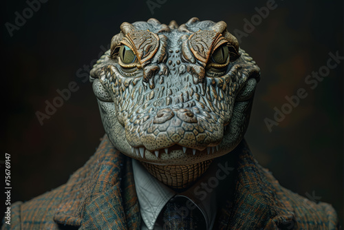 A suited figure with a crocodile's head, signifying patience and strategic waiting in business dealings. Concept of calculated decisions. Generative Ai. © Sebastian