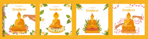 Songkran festival, traditional shower the monk sculpture, Thailand New Year. Hand Pouring water Buddha statue. Vector Square social media post template collection in flat style for celebrating