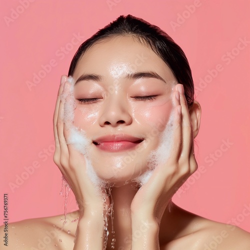 Asian woman washing her face with clean water. On a flat color background generative ai art