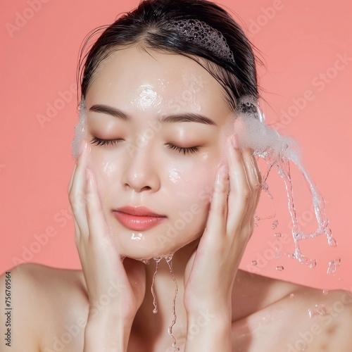 Asian woman washing her face with clean water. On a flat color background generative ai art