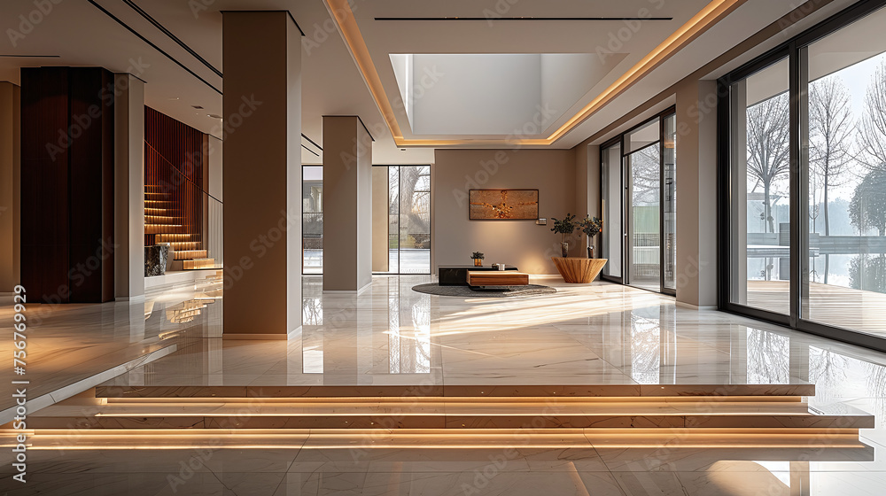 modern interior luxury home, minimalist design, beige neutral color palette, led lighting