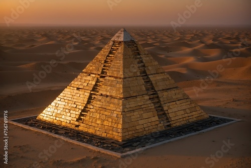 A golden pyramid is in the desert photo